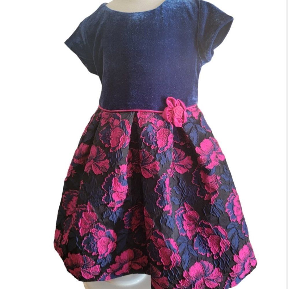 Little Angels Festive Party Dress Size 4T Blue Pink Velvet Floral *